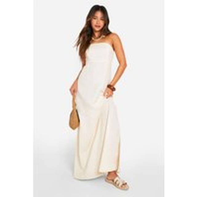 Womens Bandeau Linen Look Maxi Dress - Stone - 12