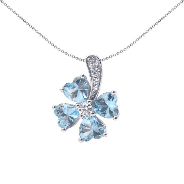 Jewelco London Rhodium Plated Sterling Silver Baby Blue CZ Shamrock 4 Leaf Clover Hearts Lucky Charm - GVP688