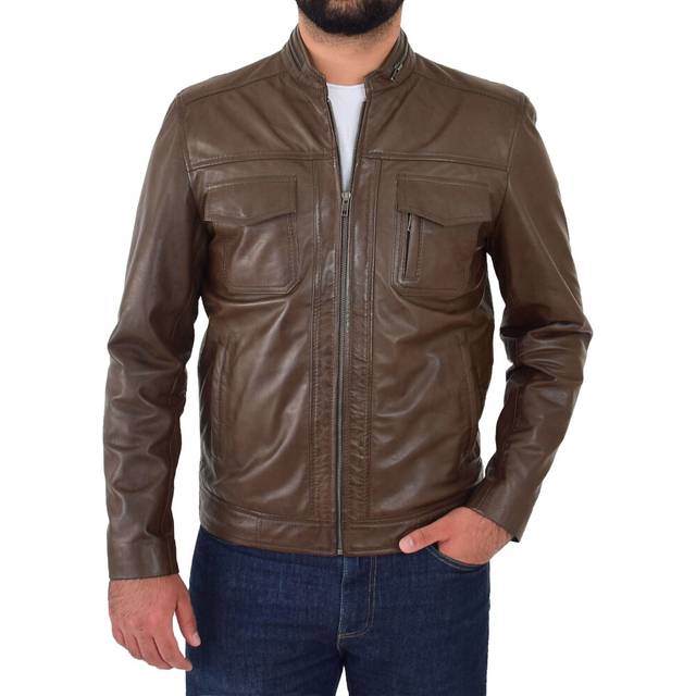 Soft timber brown leather biker jacket for mens fitted zip fasten designer coat