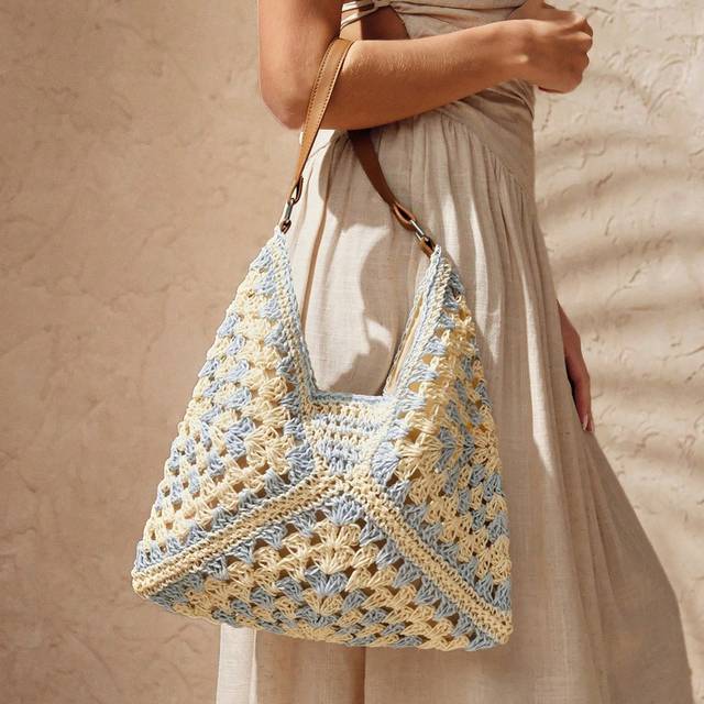 SHEIN Beach Vacation Summer Crochet Colorblock Straw Geometric Pattern Shoulder Bag
