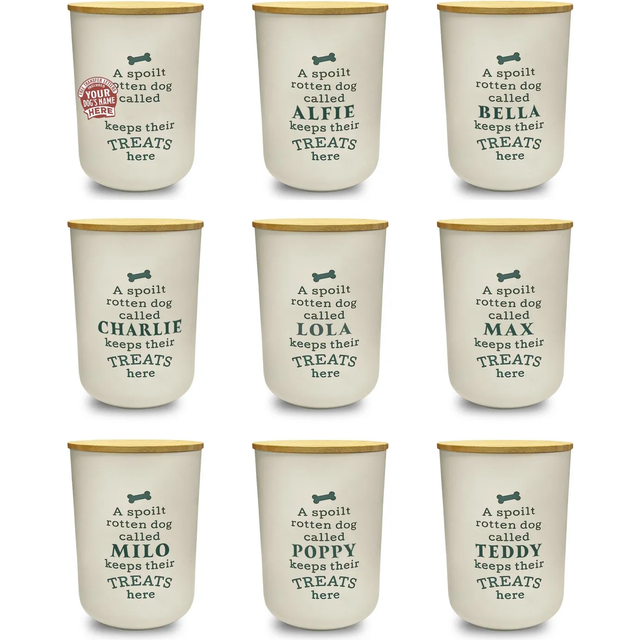 Dog Treat Jar personalise with sticker included spolit dog (cream)