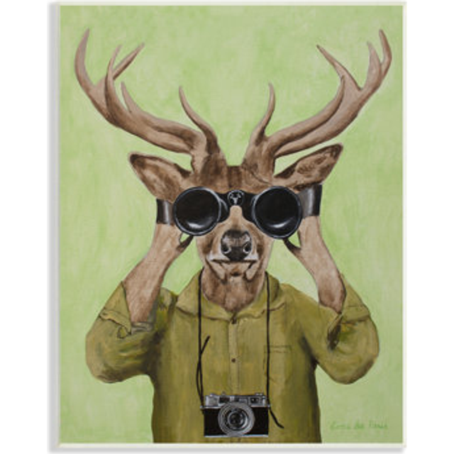 Stupell Industries Funny Cute Deer Binoculars Camera Painting Green Background  Design by Coco de Paris