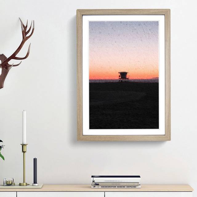 Lifeguard Station on Huntington Beach - Picture Frame Painting Print - Oak Framed (36cm H x 27cm W x 2cm D)