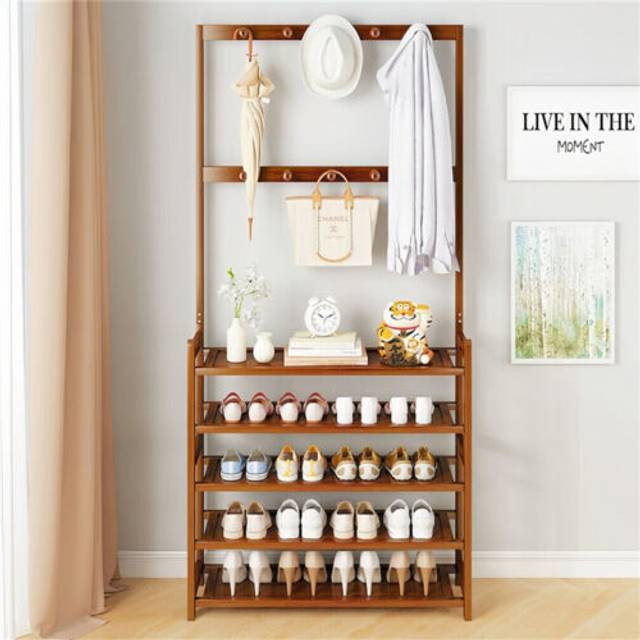Large bamboo coat rack stand shoe storage bench for bedroom living room entryway