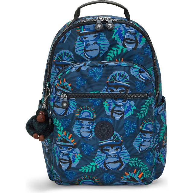 Kipling Backpack Seoul College Blue Monkey Fun Print Large Woman 100% Recycled Polyester