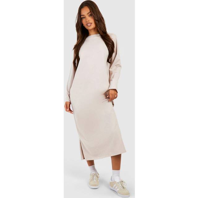 Womens Oversized Long Sleeve Midaxi T-Shirt Dress - Beige - 14, Beige