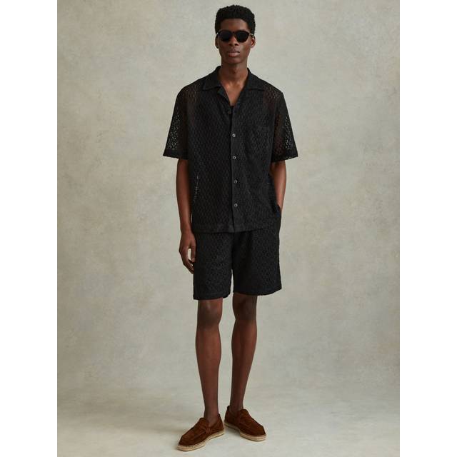Reiss Mens Black Elvis Spread-collar Crochet-knit Shirt Xs - BLACK