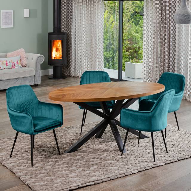 Dosenna Oval Dining Table Set with 4 Carrara Velvet Chairs - Teal - One Size