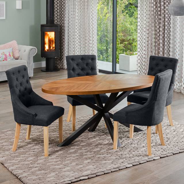 Dosenna Oval Dining Table Set with 4 Ravenna Fabric Chairs - Black - One Size