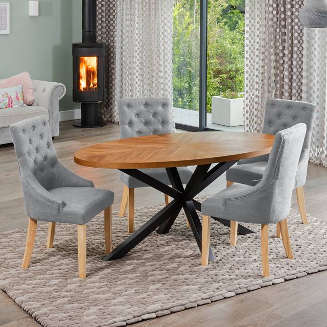 Dosenna Oval Dining Table Set with 4 Ravenna Fabric Chairs - Grey - One Size