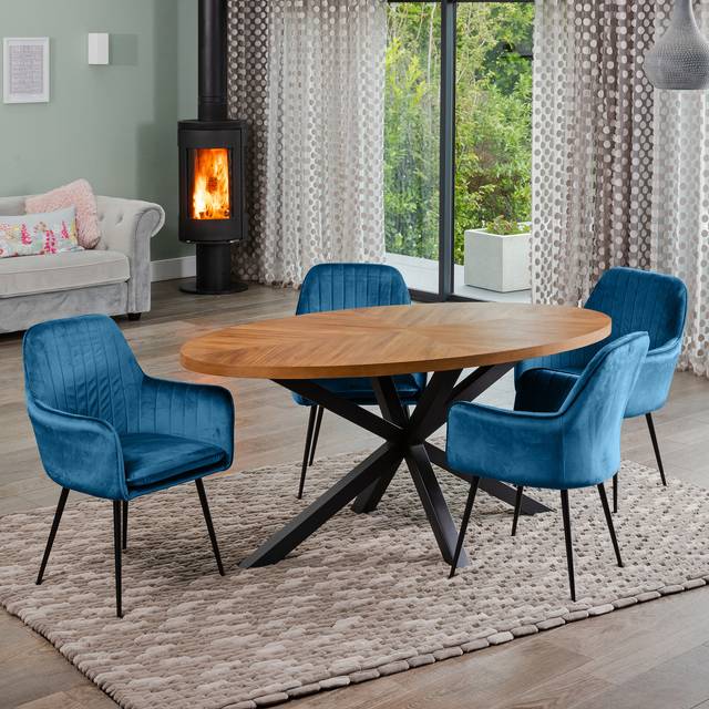 Dosenna Oval Dining Table Set with 4 Carrara Velvet Chairs - Blue - One Size