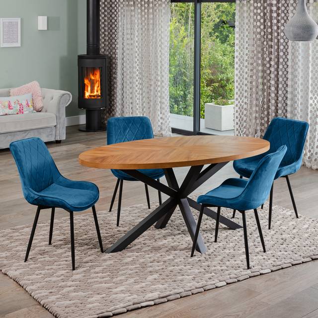 Dosenna Oval Dining Table Set with 4 Bovino Velvet Chairs - Blue - One Size