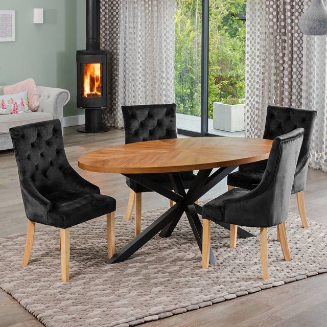 Dosenna Oval Dining Table Set with 4 Ravenna Velvet Chairs - Black - One Size