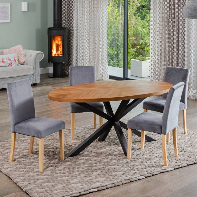 Dosenna Oval Dining Table Set with 4 Maiolo Velvet Chairs - Grey - One Size