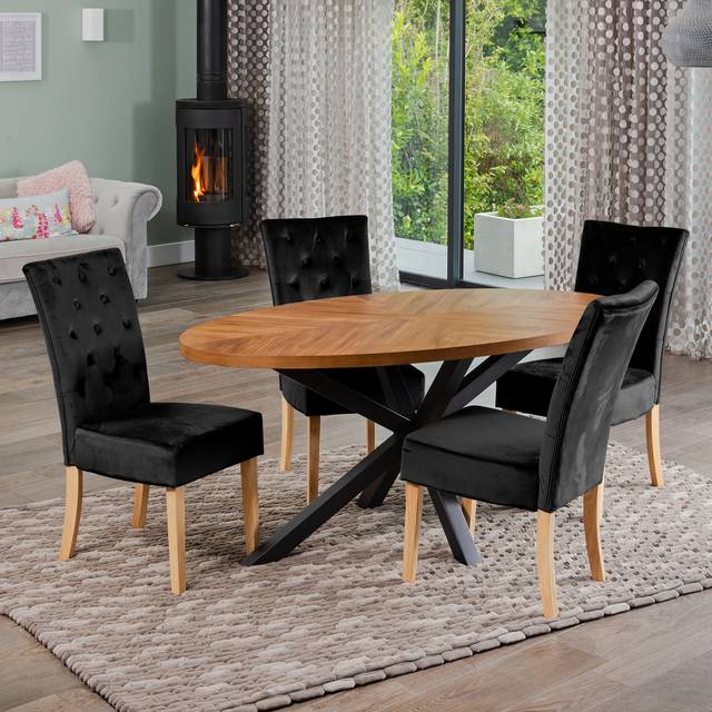 Dosenna Oval Dining Table Set with 4 Pienza Velvet Chairs - Black - One Size