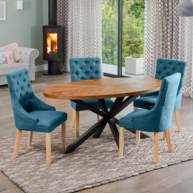 Dosenna Oval Dining Table Set with 4 Ravenna Fabric Chairs - Teal - One Size