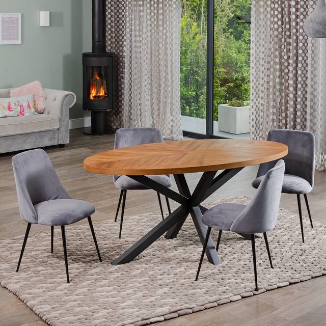 Dosenna Oval Dining Table Set with 4 Morandi Velvet Chairs - Grey - One Size