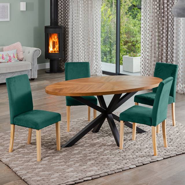 Dosenna Oval Dining Table Set with 4 Maiolo Velvet Chairs - Green - One Size