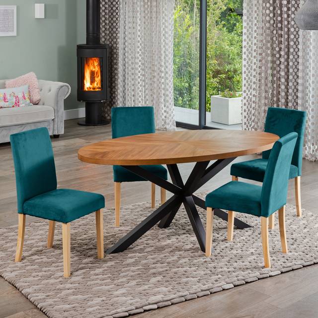Dosenna Oval Dining Table Set with 4 Maiolo Velvet Chairs - Teal - One Size