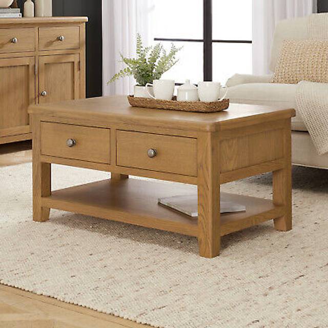 Cotswold rustic smoked oak 2 drawer coffee table with shelf - living room - rc18