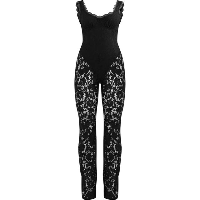 Black Lace Boning Detail Strappy Flared Jumpsuit, Black - 14
