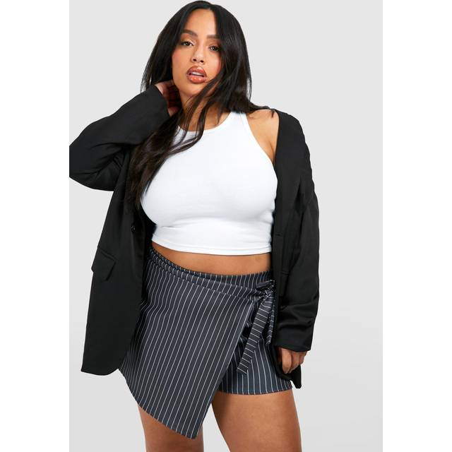 Womens Plus Pinstripe Bengaline Wrap Tie Detail Skort - Grey - 28
