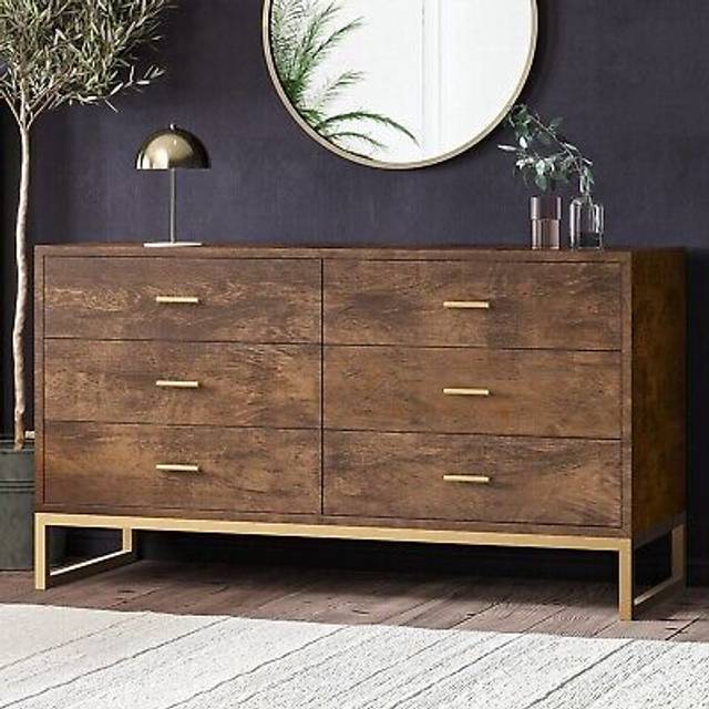 Wide Walnut Chest of 6 Drawers with Legs - Aubrey - Wood