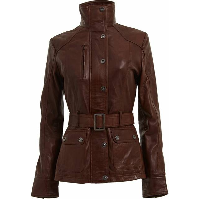Ladies brown leather biker jacket real leather mid length belted studded jacket