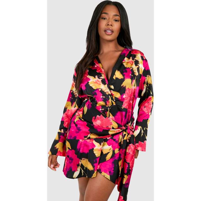 Womens Plus Tie Front Printed Satin Shirt Dress - Black - 28, Black