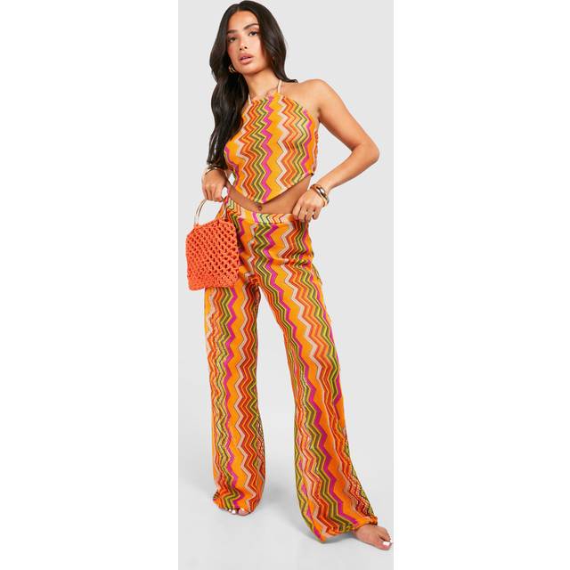 Womens Petite Zig Zag Wide Leg Beach Trouser - Orange - 10, Orange