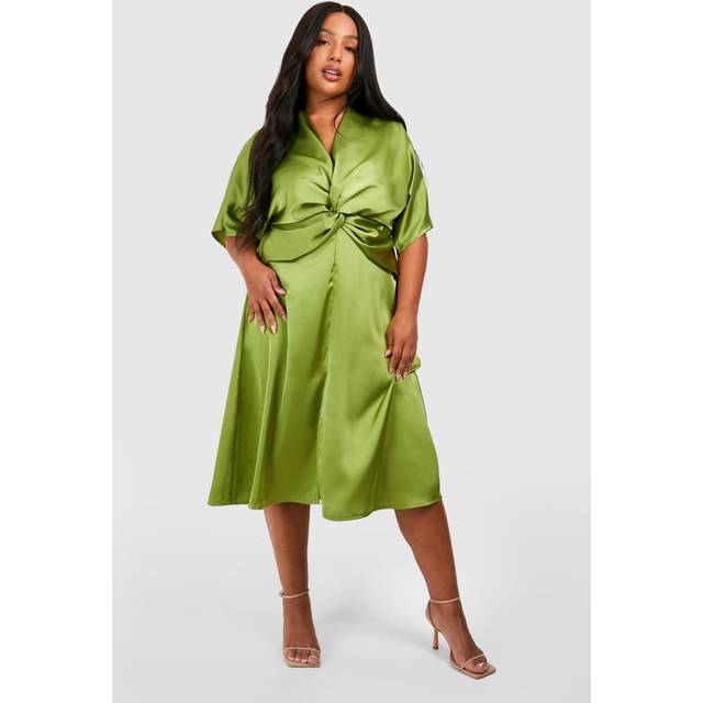 Womens Plus Satin Twist Front Angel Sleeve Midi Dress - Green - 18