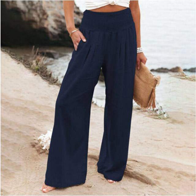 (Navy Blue, S) Womens High Waist Cotton Linen Trousers Ladies Casual Baggy Wide Leg Bottom Pant