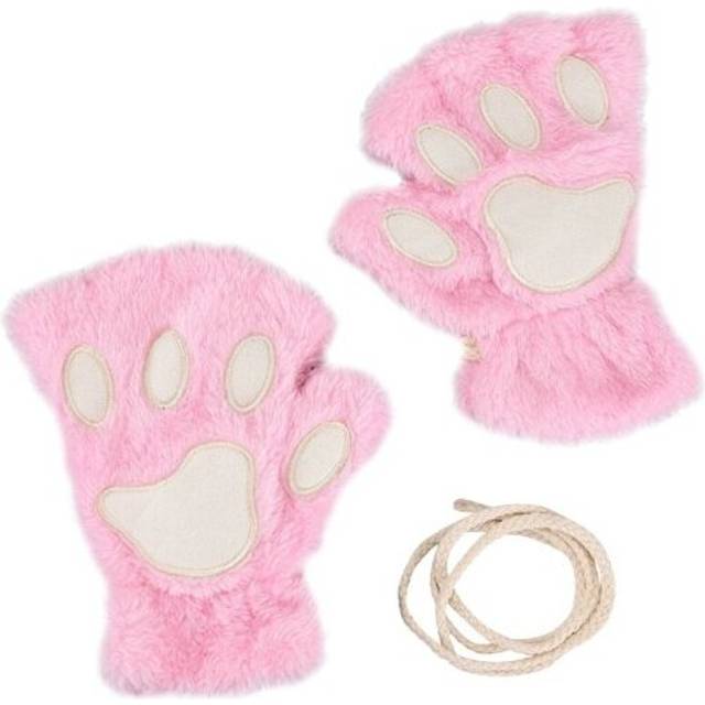 (Pink) 1pair Women Girls Winter Half Finger Gloves Cat Paw Warm Plush Gloves