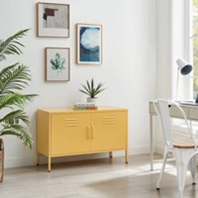 Furniture Box Tekki Metal Two Door Locker Style Sideboard - Bold Colour Modern Industrial Style Yellow 64cm H X 100cm W X 40cm D