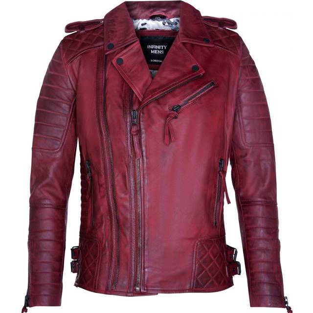Infinity Leather Mens Biker Quilted Brando Motorcycle Jacket - Burgundy - Size X-Large