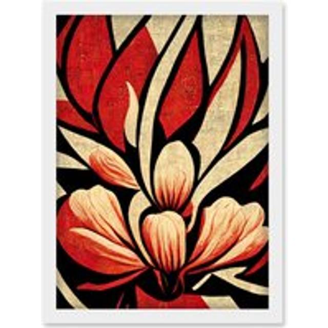 Abstract Flowers Design Cream Red Black Vivid Bold Artwork Framed Wall Art Print A4 - White - One Size