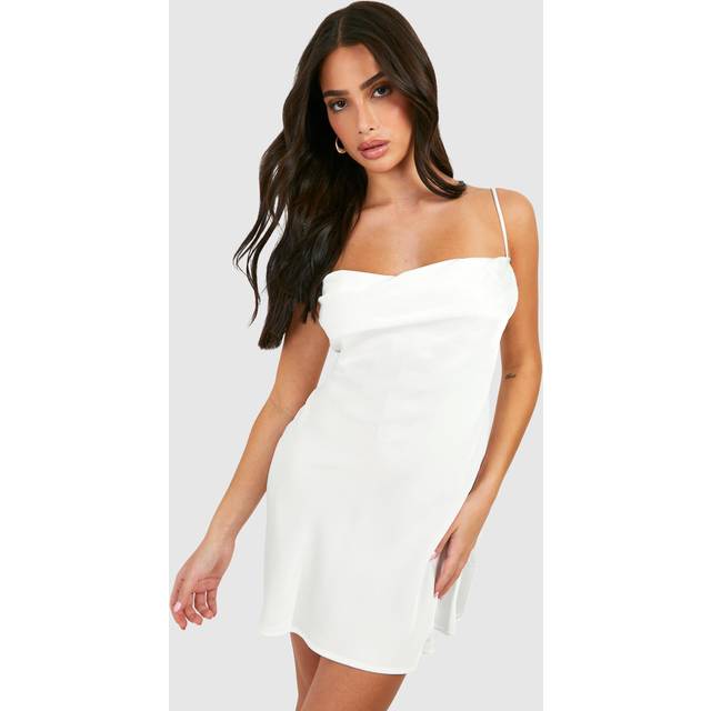 Womens Petite Satin Cowl Mini Slip Dress - White - 14