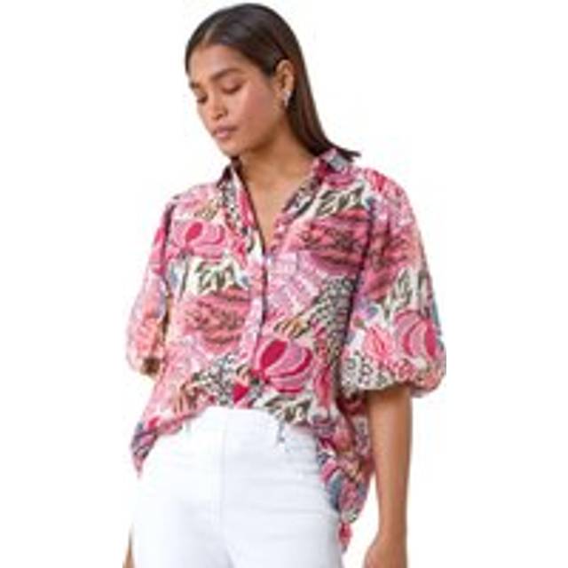 Roman Womens Floral Leaf Print Puff Sleeve Shirt - Pink - Size 14 UK