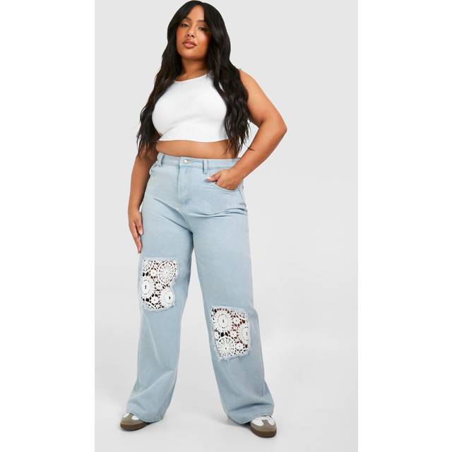 Womens Plus Crochet Mix Wide Leg Jeans - Blue - 28
