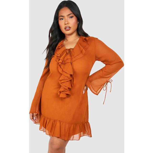 Womens Plus Woven Ruffle Detail Long Sleeve Shift Dress - Almond - 20