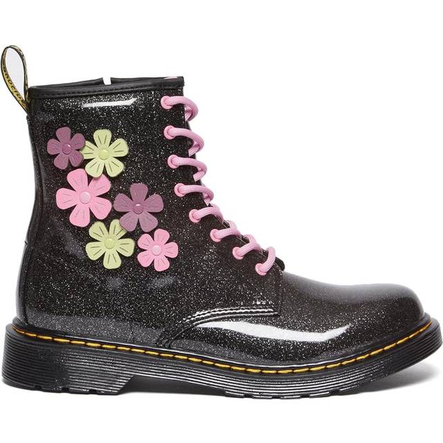 Dr. Martens Kids Black 1460 Flower Appliqué Big Kids Boots - COATED GLITTER - US 6Y