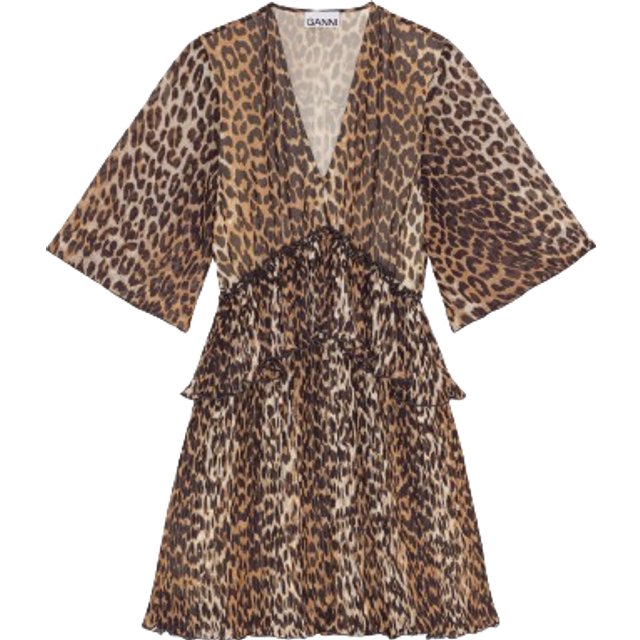Ganni Ruffled Leopard-Print Chiffon Mini Dress - EU 34/UK 6 - Beige