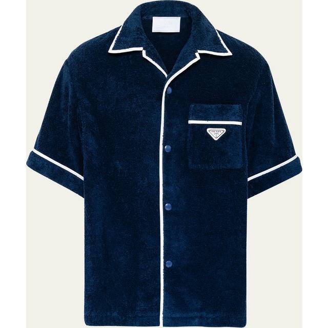 Prada Mens Blue Brand-plaque Cotton Bowling Shirt Xs