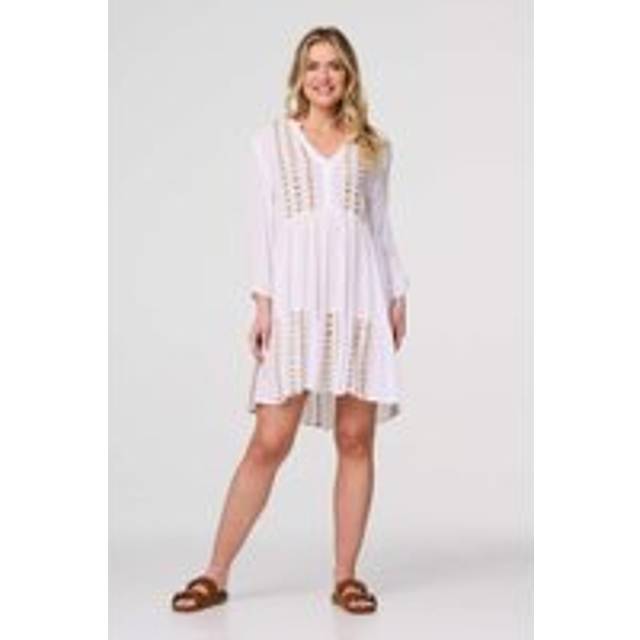 Izabel London White Embroidered V-Neck Tiered Smock Dress