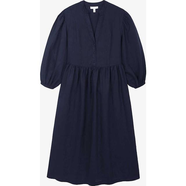 The White Company Womens Vy Puffed-sleeve Linen Midi Dress 10 - NAVY
