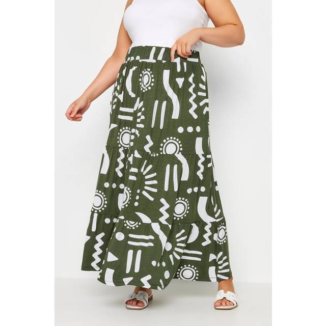 Yours Curve Green Abstract Print Tiered Maxi Skirt, Women's Curve & Plus Size, Yours - 22-24