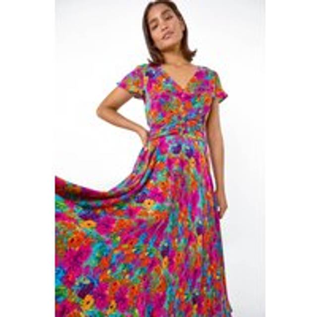 Fuchsia Floral Ruched Waist Midi Dress - Fuchsia - Size 10 - Roman