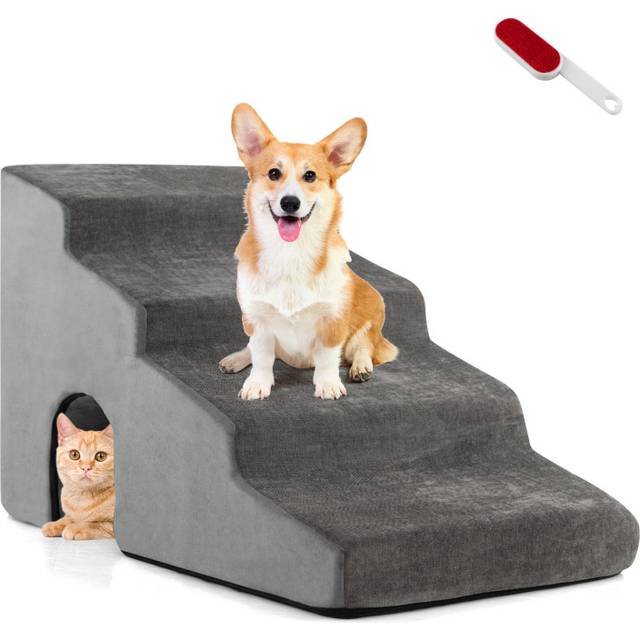 4-Tier High Density Foam Dog Ramps for High Beds and Couches-Grey