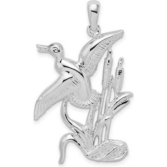Sterling Silver Polished Duck Flying Over Cattails Pendant