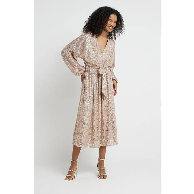River Island Womens Rose Gold Sequin Tie Front Swing Midi Dress - 8